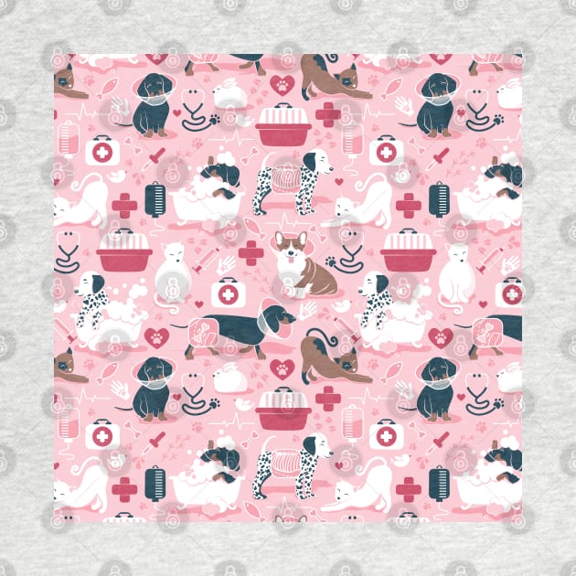 Veterinary medicine, happy and healthy friends // pattern // pastel pink background red details navy blue white and brown cats dogs and other animals by SelmaCardoso